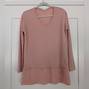 CLOUDCHASER Women's Lace Trimmed Pink V-Neck Long Sleeve T-shirt Top